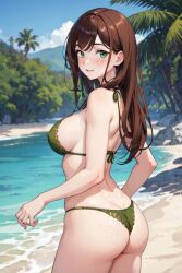 1female 1girl 1girls 1woman ai_generated ass beach bikini bikini_bottom bikini_top blush blushing blushing_at_viewer brown_hair freckles green_eyes looking_at_viewer looking_back on_beach outdoors outside pale-skinned_female pale_skin solo solo_female solo_focus