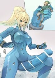 1boy 1futa big_breasts big_penis bigger_futa blonde_hair bodysuit breasts censored censored_penis clothed clothing crossover destruction erect_penis erection fully_clothed futa_focus futa_giantess futa_sans_balls futa_with_male futanari giantess huge_cock human humanoid larger_futanari latex latex_bodysuit latex_futa latex_gloves latex_suit latex_thighhighs light-skinned_futanari light-skinned_male light_skin link macro male metroid micro nintendo penis samus_aran seo_tatsuya size_difference solo_focus standing the_legend_of_zelda zero_suit_samus