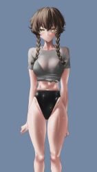 1girls amane_suzuha black_bikini braided_hair brown_hair female fluffy_hair koha legs light-skinned_female midriff small_mouth solo standing steins;gate swimsuit thighs tied_shirt tomboy twin_braids twintails water_drop wet_skin yellow_eyes