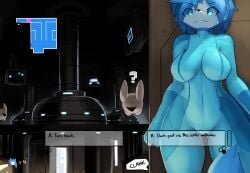 ? anthro aqua_eyes big_breasts blue_bodysuit blue_clothing blue_fur blue_skin bodysuit braid braided_hair braided_ponytail breasts canid canine cassandra_(ozoneserpent) collarbone decision drone english_text female female_focus fox furry hiding indoors life_(gaming) mammal map navel navel_visible_through_clothes original original_character ozoneserpent png ponytail sound_effects tail text tight_clothing wide_hips