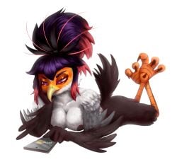 avian bird black_hair darla_the_secretarybird female_only furry laying_down oc original_character pinup purple_eyes secretary_bird