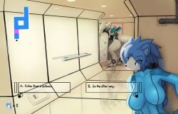 anthro aqua_eyes big_breasts bodysuit braid braided_hair braided_ponytail breasts canid canine cassandra_(ozoneserpent) collarbone decision drone female fox furry hallway hiding life_(gaming) mammal map original original_character ozoneserpent ponytail text