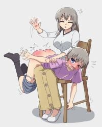 angry_face black_socks blue_eyes chair closed_eyes grey_hair legs_up mother_and_daughter one_eye_closed panties_down pants_down pink_clothing spanking uzaki-chan_wa_asobitai! uzaki_hana uzaki_tsuki white_panties white_sleeves zekel