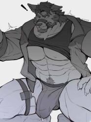 1boy 2023 abs anthro anthro_only athletic athletic_male balls bara bara_tits barazoku beard biceps big_bulge bulge canid canine canis claws clothing fur furry gay hi_res highres huge_bulge luodejun male male_focus male_nipples male_only mammal manly monochrome muscles muscular muscular_anthro muscular_legs muscular_male muscular_thighs nipples solo solo_male toned toned_body toned_male tuft underwear yaoi zaddy