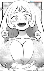 blush blush_lines blushing_at_another blushing_at_partner boku_no_hero_academia bra feelaxart giantess hadou_nejire huge_boobs huge_breasts long_hair macro macro_female micro micro_male monochrome my_hero_academia nejire_hado onomatopoeia open_mouth text text_bubble