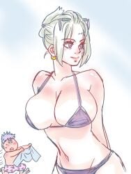 1boy 1girls benrinnes_maiko big_breasts bikini blonde_hair clenched_teeth colored_sketch facial_scar female female_focus gintama gintoki_sakata hair_ornament micro_bikini pale-skinned_female pale_skin purple_bikini purple_eyes smile swimsuit tied_hair tsukuyo