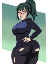 1girls ass ass_focus big_ass big_breasts big_breasts big_butt blueartfiend breasts green_hair jujutsu_kaisen ponytail stockings torn_pantyhose zenin_maki