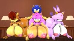 3d amy_rose blaze_the_cat blueapple from_behind gigantic_breasts implied_penetration male on_knees sally_acorn sonic_(series) sonic_the_hedgehog tail