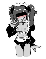 amphibia biting_tongue blush exposed_breasts flat_chest flat_chested maid maid_headdress maid_uniform marcy_wu nipples peace_sign raebits small_breasts straight_hair tongue_out tongue_piercing v