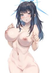 1girls absurdres alexi_oekaki arius_satellite_school_student belly_button blue_archive blue_eyes blue_hair blush breasts censored cleavage commentary_request commission completely_nude female female_only halo hands_up highres light-skinned_female light_skin long_hair looking_at_viewer navel nude parted_lips ponytail saori_(blue_archive) sidelocks simple_background skeb_commission solo white_background