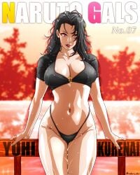 arm_support barely_clothed big_breasts bikini black_hair breasts character_name commentary crop_top curvaceous g-string kurenai_yuhi lipstick magazine_cover makeup mature mature_female midriff milf mostly_nude naruto naruto_(series) naruto_shippuden oppai pinup railing red_eyes revealing_swimsuit saburo_des seductive seductive_eyes seductive_look seductive_smile soaked text wet wet_body wet_hair wet_skin yuuhi_kurenai