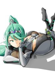 1girls ass automatic_giraffe big_ass bottom_heavy breasts cleavage gloves green_eyes green_hair hi_res lying lying_on_stomach nintendo pneuma_(xenoblade) ponytail solo stockings tiara xenoblade_(series) xenoblade_chronicles_2