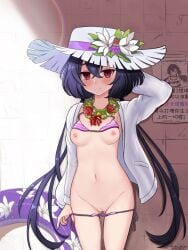 1girls beach_hat bikini bikini_bottom_removed black_hair blush breasts breasts_out buoy counter:side flower jacket lifebuoy lily_(counter:side) neko_huan nipples poster smile smile_at_viewer striped_bikini swimsuit swimsuit_down swimsuit_lift swimsuit_removed twintails white_jacket