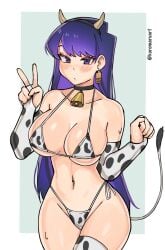 1girls asian big_breasts black_eyes black_hair choker cow_bell cow_bell_collar cow_horns cow_print cow_print_armwear cow_print_bikini cow_print_legwear cow_print_thighhighs cow_print_thong cow_tag cow_tail dark_blue_hair female fringe grey_eyes imminent_deepthroat imminent_oral komi-san_wa_komyushou_desu komi_shouko kuromaruart long_hair looking_at_viewer pale-skinned_female petite petplay purple_eyes purple_hair roleplay schoolgirl seductive_look tagme thigh_highs thighhighs v