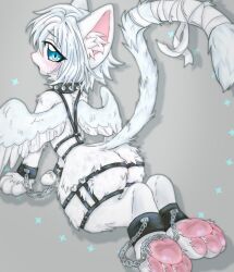 2023 anthro black_collar black_harness blue_eyes blue_hair blue_tail blue_wings blush butt_tuft chained chains collar cuff_(restraint) digital_media_(artwork) domestic_cat felid feline felis fur girly grey_background hair harness hi_res kemono light_hair light_tail light_wings male mammal metal_cuffs open_mouth pawpads pink_inner_ear pink_pawpads restrained restraints simple_background solo somberpaw spiked_collar spikes tail tuft two_tone_wings white_body white_fur wings