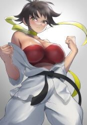 1girls 2022 absurdres belt black_belt blush breasts brown_hair capcom choker dark-skinned_female dark_skin dougi female female_only hi_res highres karate_gi large_breasts long_sleeves looking_at_viewer makoto_(street_fighter) martial_arts martial_arts_belt red_sports_bra ribbon ribbon_choker sato_one1 short_hair solo sports_bra street_fighter street_fighter_iii street_fighter_iii:_3rd_strike street_fighter_iii_(series) tomboy wide_sleeves yellow_eyes yellow_ribbon