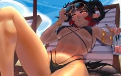 1girls 2023 absurd_res adc_vr amber_eyes beach_chair bikini black_fingernails black_hair blunt_bangs bracelets cameltoe dragon_girl dragon_horns dragon_tail drink female female_only glass highlights_(coloring) holding_drink horns indie_virtual_youtuber looking_at_viewer mokimolewds pointy_ears red_highlights rings sharp_fingernails slit_pupils solo sunglasses sunglasses_on_head swimsuit tail virtual_youtuber vrchat