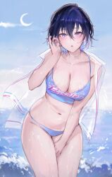 :o bare_arms bare_thighs belly belly_bulge belly_button bikini cleavage cowboy_shot earrings female hands_between_legs heart-shaped_earrings large_breasts messy_hair moon necklace ocean original purple_eyes qiandaiyiyu sea seaside short short_hair swimsuit text thighs veil wet_skin