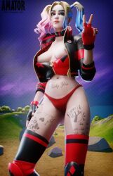 amatornsfw breasts choker dc dc_comics fortnite hand_on_thigh harley_quinn harley_quinn_(fortnite) heart heart_on_cheek jacket jacket_open looking_at_viewer multicolored_hair open_jacket panties peace_sign skimpy_clothes stockings tattoo tattoos