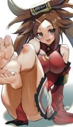 2023 ass bare_shoulders blush breasts brown_eyes brown_hair china_dress chinese_clothes detached_sleeves dress feet female female female_only guilty_gear guilty_gear_xrd hair_rings highres kuradoberi_jam large_breasts long_hair looking_at_viewer open_mouth red_dress sato_one1 sitting smile smiling smiling_at_viewer solo very_high_resolution very_long_hair wide_sleeves