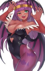 1girls 2023 bangs bat_print bat_wings blunt_bangs blush breasts capcom clothing cosplay dark-skinned_female dark_skin darkstalkers egyptian fangs female female_only gauntlets green_eyes head_wings heart_shape hi_res leotard long_hair looking_at_viewer menat morrigan_aensland_(cosplay) one_eye_half-closed pantyhose pose print_pantyhose purple_hair purple_pantyhose sato_one1 small_breasts smiling smiling_at_viewer solo street_fighter street_fighter_v thick_thighs tiara white_background wings