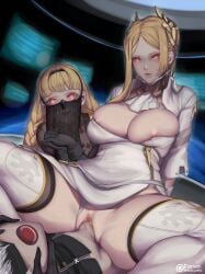 1boy 3girls big_breasts breasts cowgirl_position cum_overflow female_penetrated femdom kumiko_(aleron) larger_female male_penetrating male_penetrating_female malesub mouth_open nier nier:_automata nier_(series) operator_21o operator_6o penetration red_eyes sex size_difference smaller_male spread_legs straight tagme thick_thighs vaginal_penetration watching yorha_9s yorha_commander