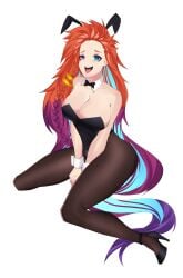 aged_up braided_hair bunny_ears bunnysuit fikri710 heterochromia high_heels league_of_legends long_hair multicolored_hair open_mouth white_background zoe_(league_of_legends)