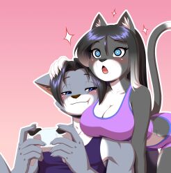 amanda_(smile4amanda) anthro big_breasts blue_eyes breasts_on_shoulder cat_boy cat_ears cat_girl cat_tail catboy catgirl controller furry gojiro_(character) holding_controller holding_object pak009 pakwan008 simple_background