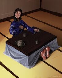 1girls asian_female beckoning eye_contact feet foot_fetish fully_clothed inviting japanese_clothes japanese_female japanese_house kimono kotatsu looking_at_viewer polarbearnsfw pov soles table tatami tea teapot zataku