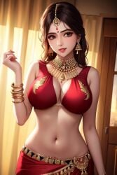 ai_generated blouse breasts cleavage gold_jewelry indian indian_female jewelry light-skinned_female navel necklace red_clothing saree sari waist