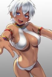 2022 armlet bikini blue_eyes blush bracelet breasts dark-skinned_female dark_skin earrings elena_(street_fighter) female female_only hi_res highres jewelry looking_at_viewer medium_breasts navel neck_ring open_mouth outstretched_arms sato_one1 short_hair smile smiling smiling_at_viewer solo street_fighter street_fighter_iii white_bikini white_hair