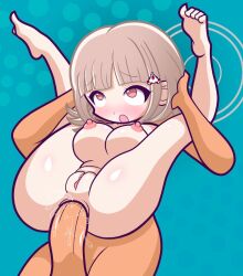 1boy 1girls anal anal_penetration anal_sex breasts danganronpa full_nelson full_nelson_(legs_held) full_nelson_anal furii_(artist) galaga nanami_chiaki nipples nude penis pussy puyo_puyo_artstyle standing_full_nelson straight_hair