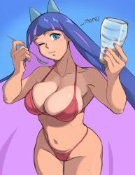 1girls 2023 big_breasts bikini blue_eyes blue_hair breast_squish eating female female_only hi_res long_hair looking_at_viewer milkmountain panty_&_stocking_with_garterbelt pink_hair solo stocking_anarchy two_tone_hair wink winking_at_viewer