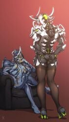 2boys artist_request ass_focus couch cute_male gay hands_behind_back horns nail_polish nekros_(warframe) no_visible_genitalia oberon_(warframe) thighhighs twink warframe