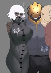 1girls 2boys age_difference alternate_version_available bodysuit breasts clenched_teeth dark-skinned_male dark_skin dubious_consent embarrassed fate/grand_order fate_(series) female flat_colors huge_breasts jeanne_alter ky. light-skinned_female light_skin male mask nipples old_man older_male pale-skinned_female pale_skin prostitution short_hair white_hair yellow_eyes