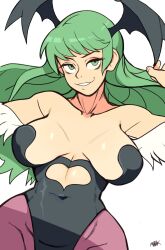 1girls 2022 bags_under_eyes bat_wings breasts capcom clothing darkstalkers female female_only green_eyes green_hair head_wings heart_shape hi_res large_breasts leotard long_hair looking_at_viewer lying lying_on_back milkmountain morrigan_aensland pantyhose purple_pantyhose smiling smiling_at_viewer solo succubus teeth_clenched white_background