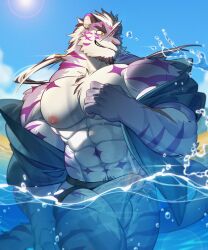 2023 abs absurd_res anthro beach biceps blue_sky bulge chaiyi clothed clothing cloud deltoids facial_hair felid flexor_carpi fur goatee grin hair hi_res jacket jockstrap jockstrap_only light light_beam long_ponytail looking_aside male male_only mammal muscular muscular_anthro muscular_male muscular_thighs navel nipples obliques ocean pantherine partially_submerged partially_underwater_shot pecs ponytail purple_body purple_fur purple_stripes sadiend sea seaside sky smile solo splash standing_in_water star_pattern striped_body striped_fur stripes sunbeam sunlight tiger topless topwear underwater underwear underwear_only wading water wet wet_body wet_fur white_hair yellow_eyes