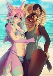 anthro beach bikini bikini_bottom bikini_top bovid bulge caprine clothed clothing crossdressing dancrescentwolf detailed_bulge duo femboy fish genital_outline girly hi_res male male/male mammal marine one-piece_swimsuit penis_in_panties penis_outline seaside shark shay_(dancrescentwolf) sheep side-tie_bikini skimpy_bikini skye_(lunarmagic) string_bikini swimwear water