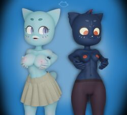 2023 2girls 3d 3d_(artwork) anthro background big_breasts blue_background blue_body blue_fur breast_grab breast_squeeze breasts breasts_out detailed digital_media_(artwork) domestic_cat fangs feline female front_view furry half-dressed hi_res humanoid_genitalia mae_borowski mammal mammal_humanoid medium_breasts mxxwthnsfw nicole_watterson night_in_the_woods nipples no_text_version red_eyes red_nipples simple_background tagme tagme_(artist) tail the_amazing_world_of_gumball watermark