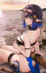 arknights ass bikini eunectes_(arknights) female goggles_on_head looking_back medium_breasts ocean pointy_ears rear_view ru_zhai seaside sunset swimsuit