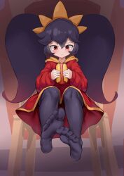 a0mo6_(artist) ashley_(warioware) black_hair clothed female foot_fetish hot_dog long_hair mario_(series) nintendo red_eyes red_skirt solo stockings twintails