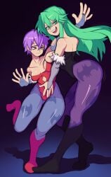 2022 2demons 2girls animal_print bat_print blue_pantyhose boots capcom clothing darkstalkers female female_only gauntlets green_eyes green_hair happy_female height_difference hi_res large_breasts leotard lilith_aensland long_hair looking_at_viewer milkmountain morrigan_aensland pantyhose print_pantyhose purple_hair purple_pantyhose red_eyes short_hair sisters small_breasts smiling smiling_at_viewer smug_face succubi succubus tummy_grab unhappy_female