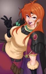 1girls absurd_res clothed clothing female female_only galactic_overlord lina_inverse long_hair looking_at_viewer orange_hair purple_eyes slayers solo tagme tongue_out v_sign