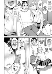 1boy 1girls cleavage dialogue dominant_female english_text femdom huge_breasts large_breasts manga manga_page propositioning seducing teasing text unou upskirt