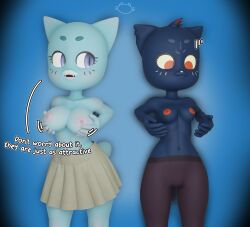 2023 2girls 3d 3d_(artwork) anthro background big_breasts blue_background blue_body blue_fur breast_grab breast_squeeze breasts breasts_out detailed digital_media_(artwork) domestic_cat fangs feline female front_view furry half-dressed hi_res humanoid_genitalia mae_borowski mammal mammal_humanoid medium_breasts mxxwthnsfw nicole_watterson night_in_the_woods nipples red_eyes red_nipples simple_background tagme tagme_(artist) tail text the_amazing_world_of_gumball watermark