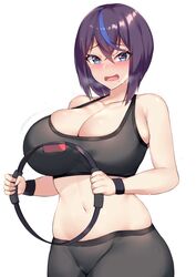 1girls 2020 abs armpits big_breasts blue_eyes blue_highlights blush booty_shorts breasts cleavage electronics female female_only game_controller heart heart-shaped_pupils holding huge_breasts joy-con kuavera large_breasts looking_at_viewer miyako_(kuavera) open_mouth original_character pilates_ring png purple_hair ring_fit_adventure ringcon_controller short_hair solo sports_bra standing tongue white_background white_skin