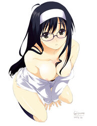 ahoge black_hair geek headband kneeling long_hair looking_at_viewer megane no_bra otomo_megane socks tagme