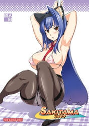 1girls animal_ears arcana_heart areolae armpits arms_behind arms_behind_head between_breasts big_breasts bikini bikini_top blue_hair blush breasts busty cat_ears cleavage cover doujinshi erect_nipples female female_only hairband large_breasts long_hair micro_bikini necktie necktie_between_breasts nekomimi orange_eyes panties panties_under_pantyhose pantyhose plaid pole pole_between_ass pole_dancing sensual sitting solo stripper swimsuit takeda_hiromitsu tsuzura_saki underwear very_long_hair white_panties