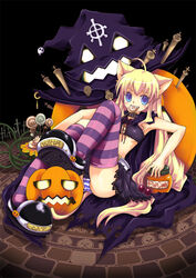 animal_ears blonde_hair blue_eyes candy cat_ears duplicate halloween lollipop multicolored_legwear panties pumpkin sakurai_unan shimapan striped striped_legwear striped_panties striped_thighhighs swirl_lollipop thighhighs underwear