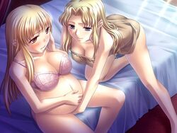 2girls arsis_anbald bed belly_hold bent_over blonde_hair blue_eyes blush bottomless bra breasts cleavage female fingering game_cg hand_on_cheek iris_anbald kantaka large_breasts long_hair mashou_no_nie_2 multiple_girls mutual_masturbation navel nightgown pink_bra pregnant red_eyes sitting sweat yuri